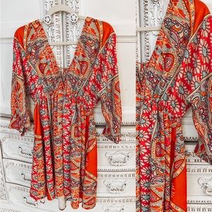 Colorful Boho Pattern Mini Dress with Sleeves | V Cut with Tie Back Detailing